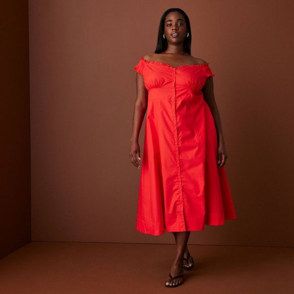 Women's Off the Shoulder Poplin Button-Down Midi Dress - Rosie Assoulin Red XXL